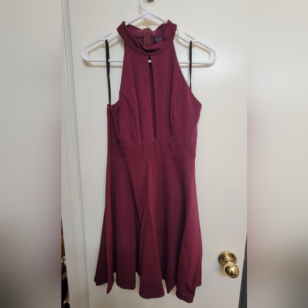 Deep red cocktail/party dress plunging neck line S